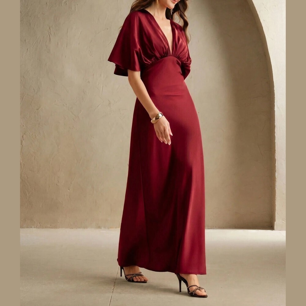 Burgundy Satin Deep V Maxi Dress with Flutter Sleeves - Picture 4 of 7